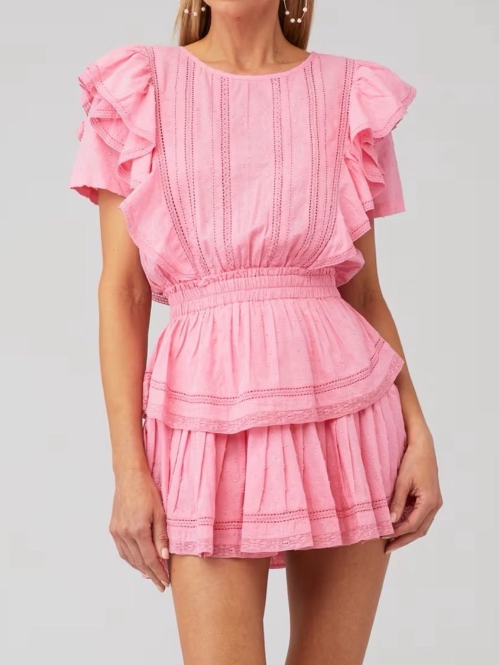 LoveShackFancy Natasha Heritage Pink Eyelet Tiered Mini Dress
